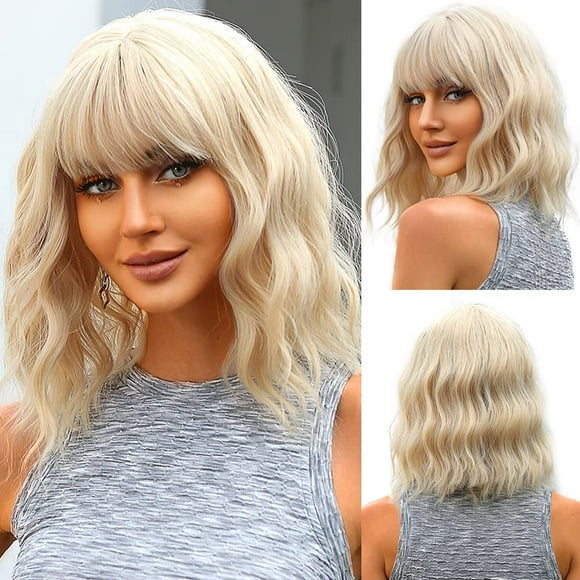 Light Blonde Short Wavy Wigs with Bangs Wig Shoulder Length Synthetic Wavy Curly Wigs Cosplay Wigs for Women