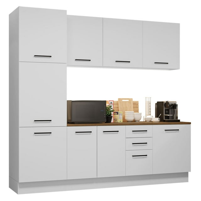 Madesa Hazel Kitchen Set 94"L Pantry Storage Base Cabinet Wall Cupboard Engineered Wood Multiple Compartments Organization Unit - White