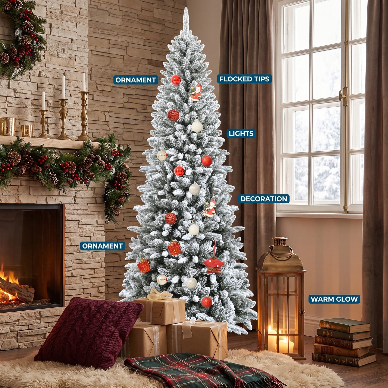 RUIE 7.5 ft Snow-Flocked Hinged Artificial Christmas Pencil Tree, Slim Unlit Xmas Tree with 1189 Mixed Tips and Metal Stand for Holiday Home Office Party, White
