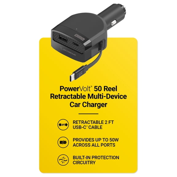 Scosche PowerVolt 50W Multi-Device Car Charger w/ Retractable USB-C Cable, USB-C & USB-A Ports SCPDR50