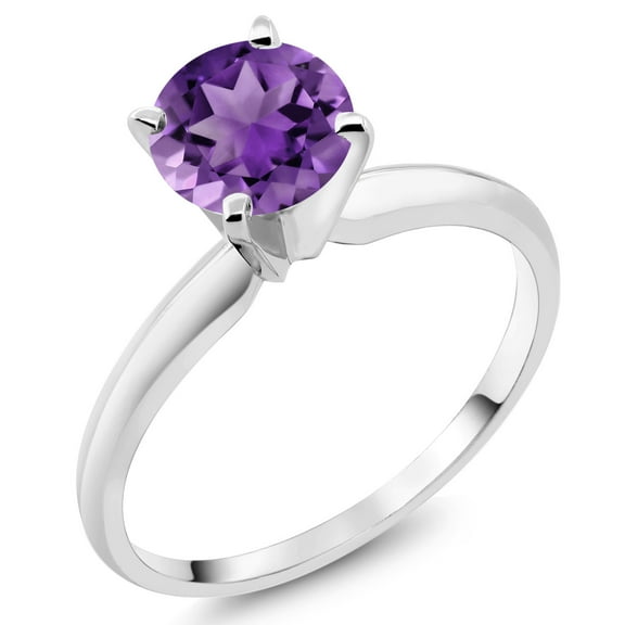 Gem Stone King 14K White Gold Purple Amethyst Solitaire Engagement 4-Prong Ring for Women | 1.00 Cttw | Round 6MM | Gemstone February Birthstone (Size 6)