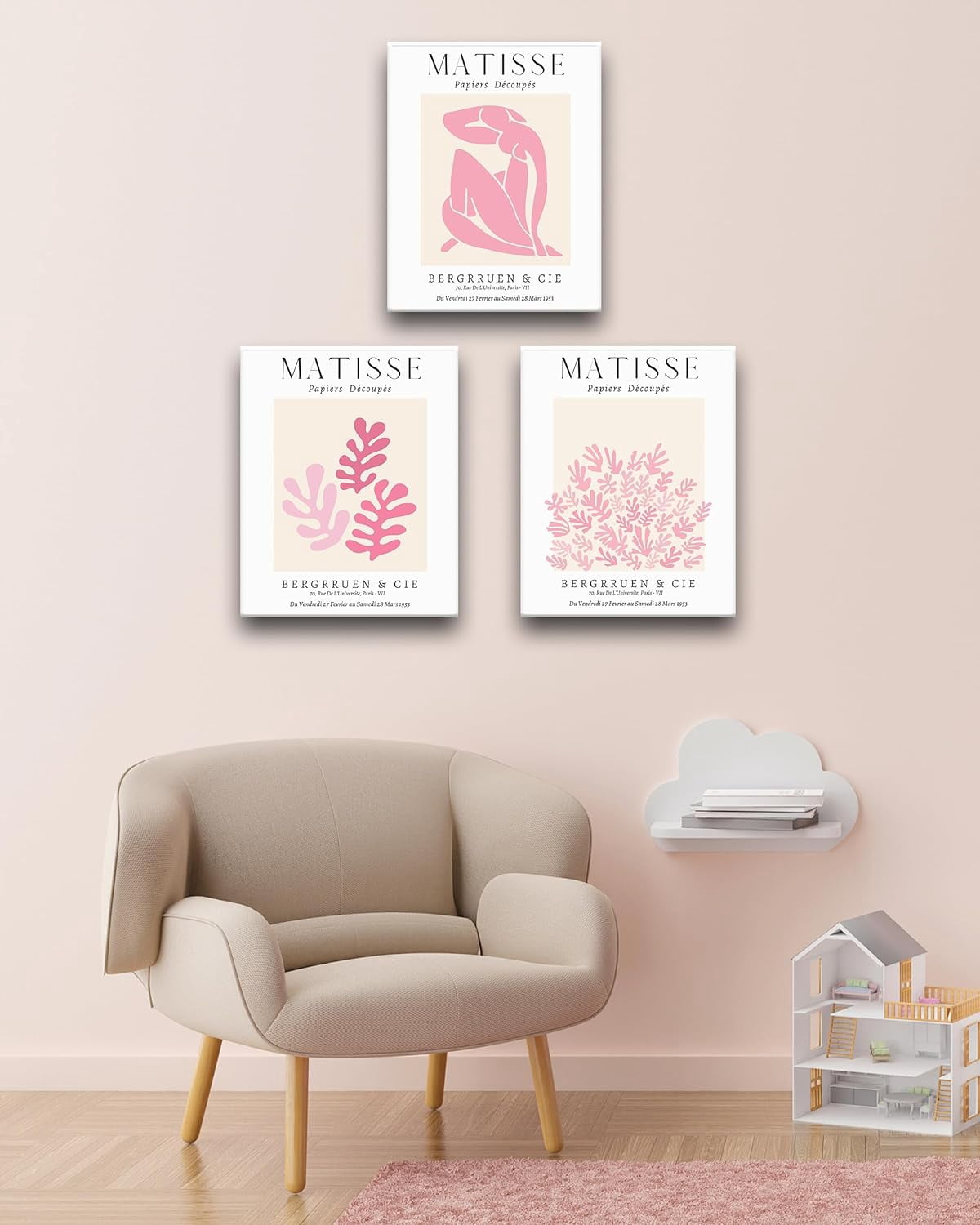 Framed Matisse Pink Wall Art Set of 3,Minimalist Canvas Wall Decor,Truly Quality Canvas Prints for 12x16IN,Art Poster Decoration for Bathroom,Bedroom