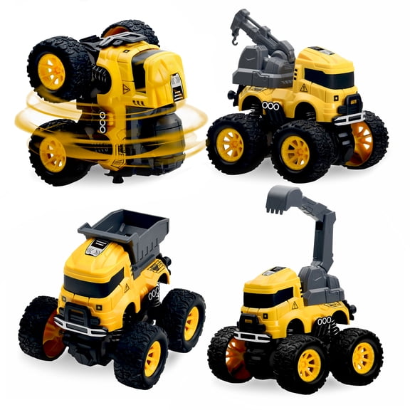 Construction Truck Toys - 4 Pack Excavator, Mixer, Crane, Dump Trucks Push and Go Friction Powered Cars Monster Trucks Vehicles Playset Kids Birthday Party Favors Gifts for 3 Year Old Boys Girls