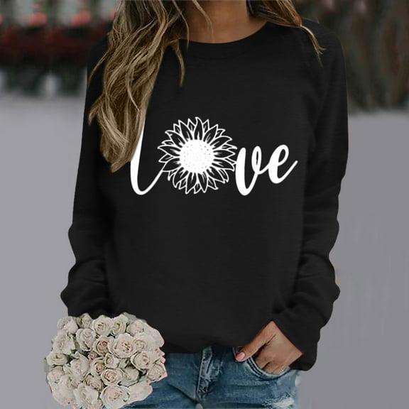 Baqcunre Womens Hoodies Women Cute Valentine'S Graphic Sweatshirt Casual Round Neck Pullover Loose Shirt Lightweight Tops Womens Sweaters Womens Fall Fashion 2023 Black L