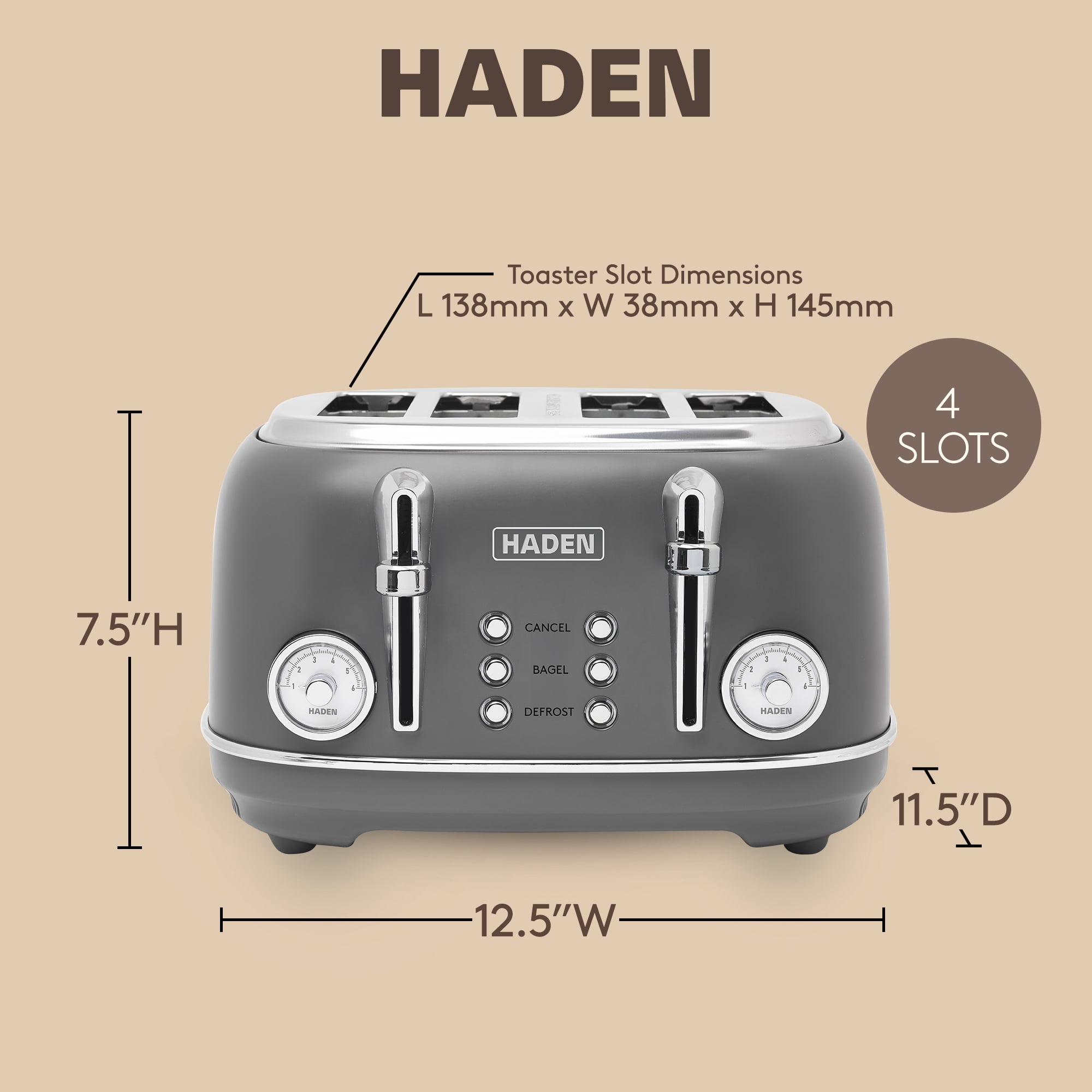 Haden Chelsea Stainless Steel 4 Slice Toaster w/Extra Wide Slots, Grey
