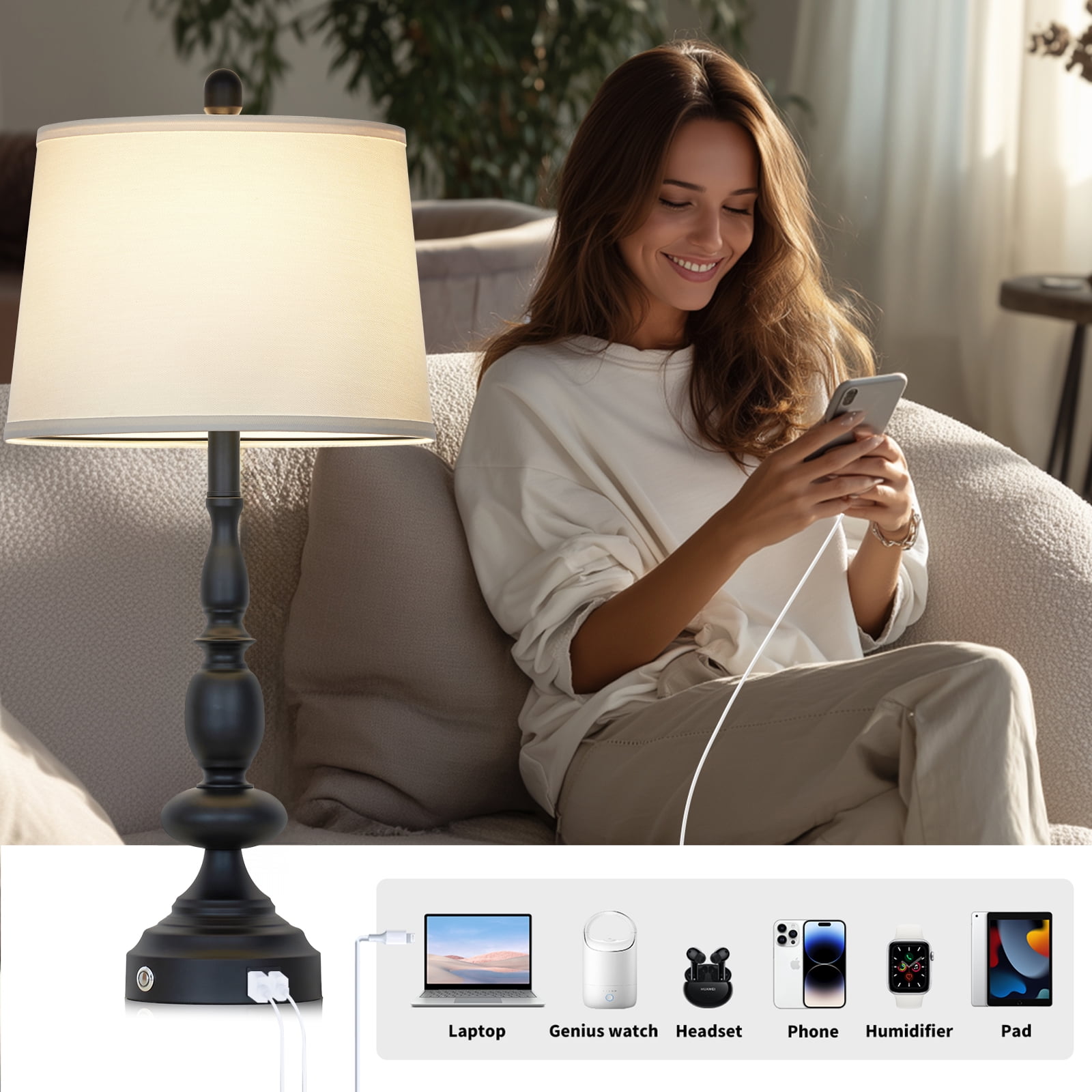 Cinkeda Set of 2 Black Industrial Table Lamps with USB-C & USB-A Ports, 29"  3-Way Dimmable Touch Control Metal Lamp for Bedroom, Living Room