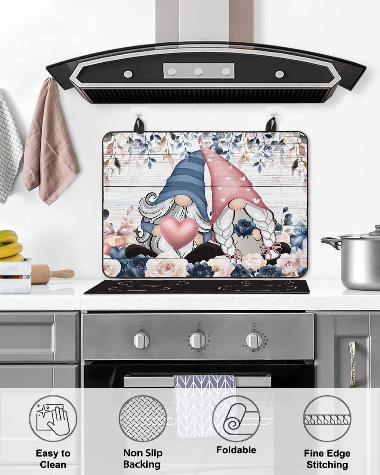 Large Induction Cooktop Protector Mat Valentine's Day Stove Top Covers for Electric Stove, Gnomes Pink Blue Roses Wooden Grain Decorative Stove Burner Cover Mats, Glass Top Stove Cover