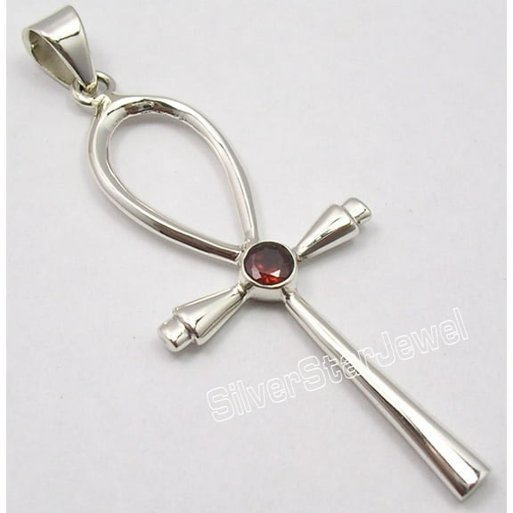SilverStarJewel 925 Sterling Silver Unseen Garnet Gem Artisan Cross Pendant 5.9 CM Made In India