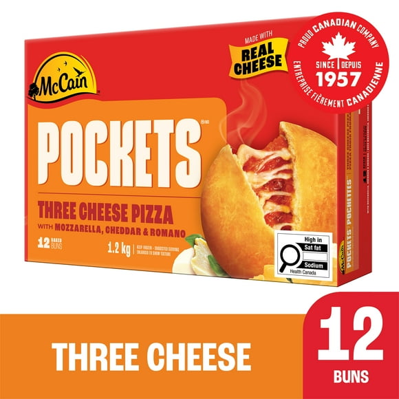McCain® Pizza Pockets® Three Cheese, Made in Canada from domestic and imported ingredients, 12 x 100g