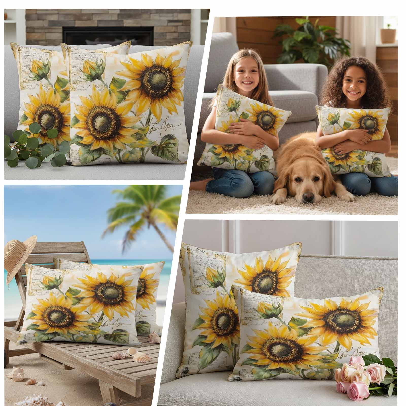 Sunflowers Retro Outdoor Waterproof Pillow Covers, Spring Summer Floral Botanical Decorative Square Throw Pillowcase Sofa Cushion Sham for Patio/Couch/Chair, 20"x20" 2 Pack