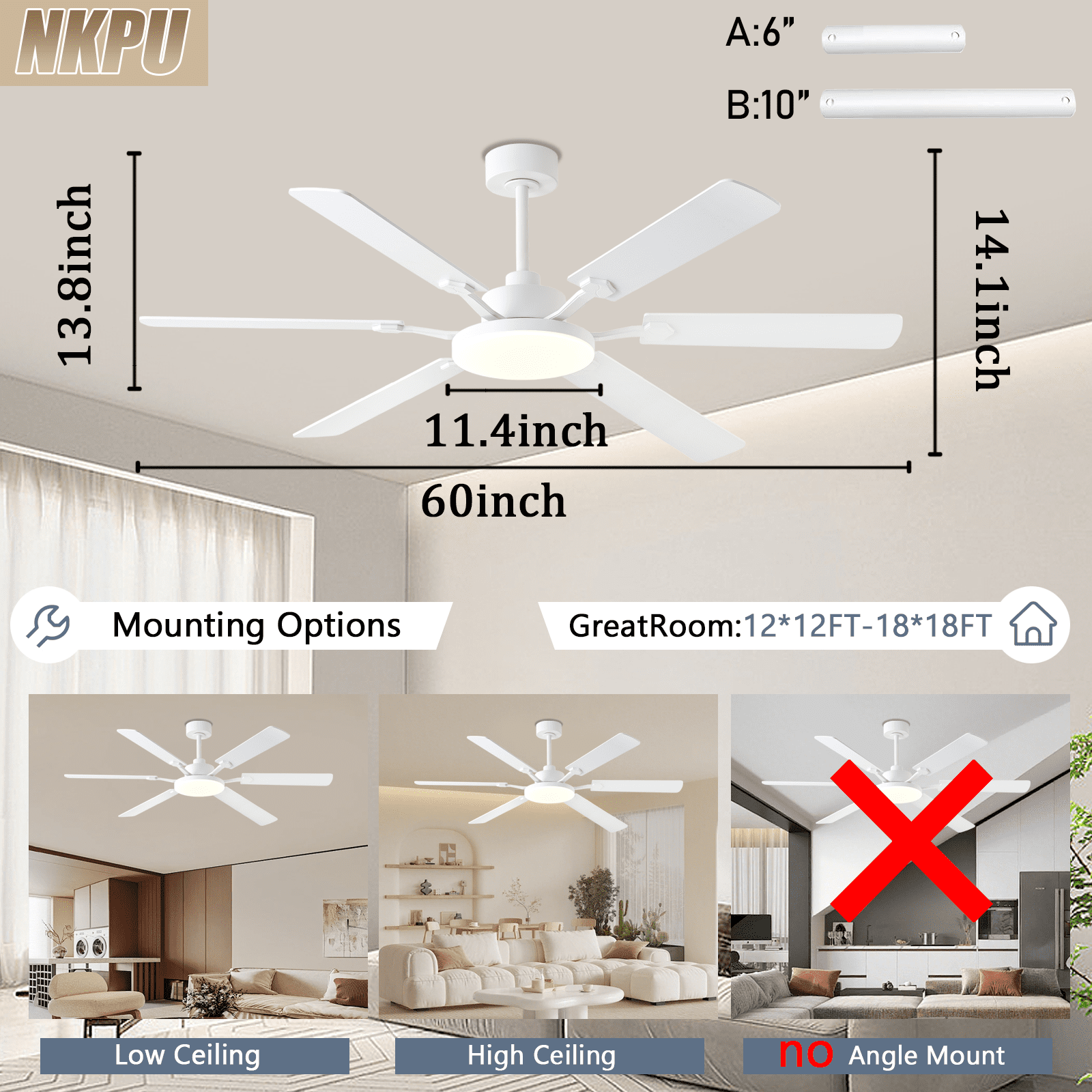 60 Inch Ceiling Fans with Lights, Large Modern White Ceiling Fan with Light and Remote Control, 6 Double Sided Blades, 6 Speed Reversible Motor, Dimmable LED, Silent Timing, Indoor Outdoor Patio Use