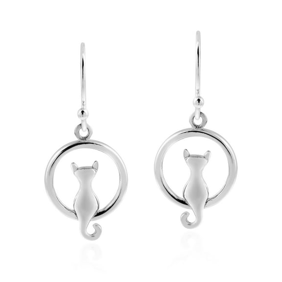 Cute Kitty Cat Sitting in Circle .925 Sterling Silver Dangle Earrings for Female Adult