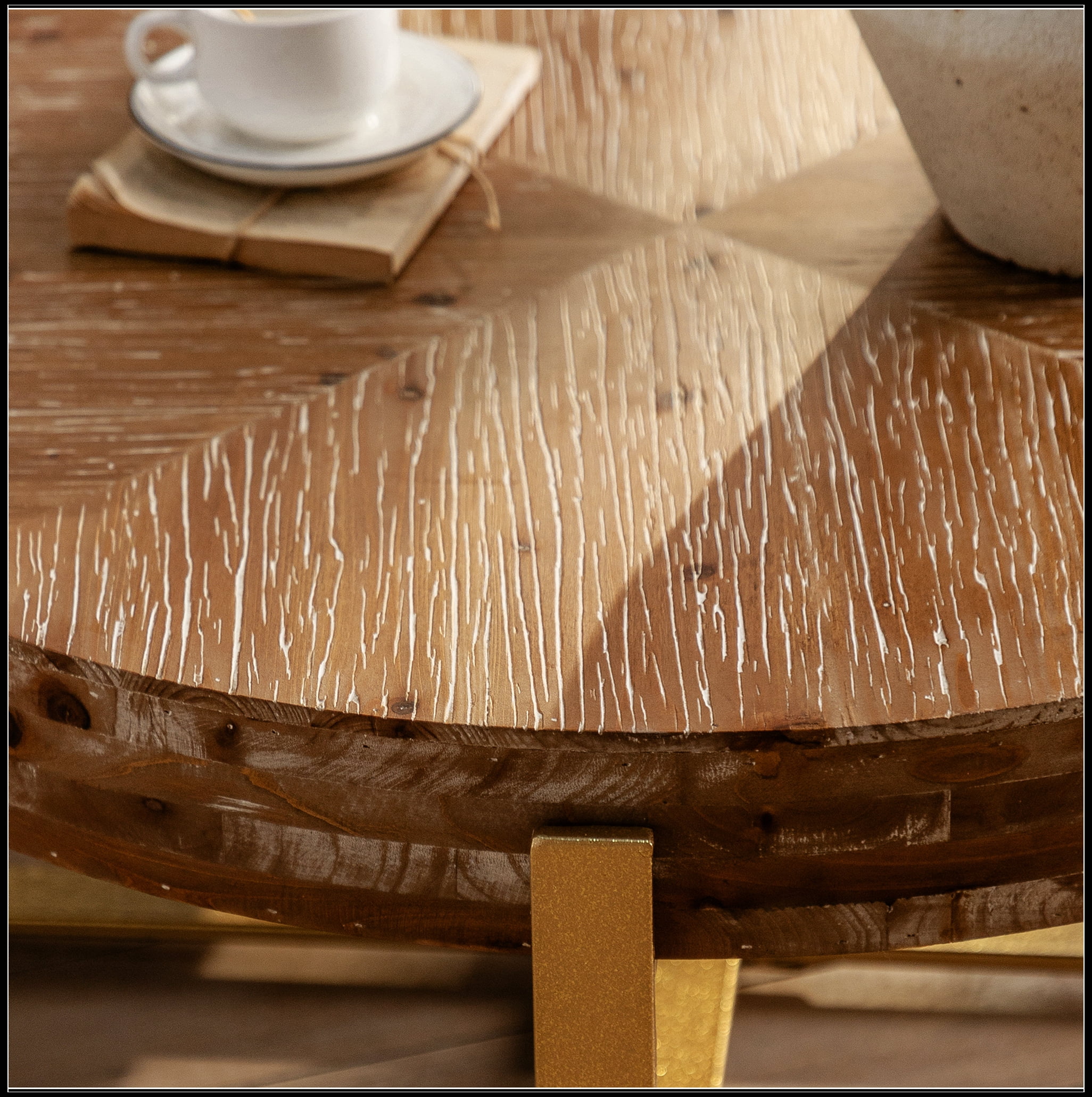 31.29"Modern Retro Splicing Round Coffee Table,Fir Wood Table Top with Gold Cross Legs Base(Same SKU:W757102843)