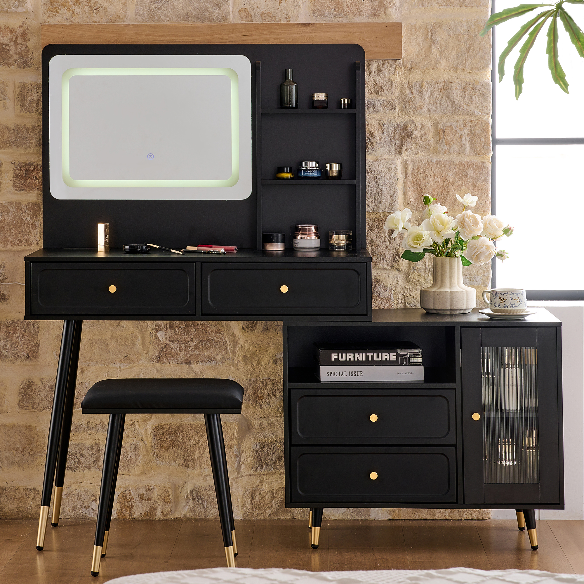 Yoneston Vanity Set with LED Lighted Mirror, 4 Storage Drawers, Movable Cabinet & Upholstered Stool, Makeup Table Set with Charging Station for Bedroom, Black