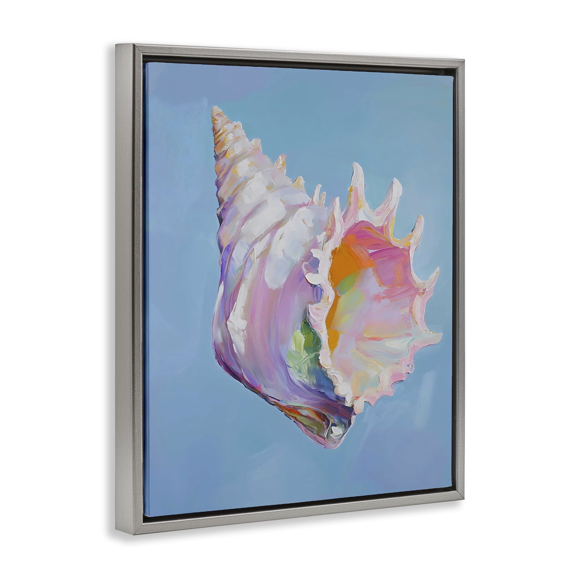 Stupell Industries Pastel Hued Conch on Blue Gray Framed Floater Canvas Wall Art, design by The Prints Vibe
