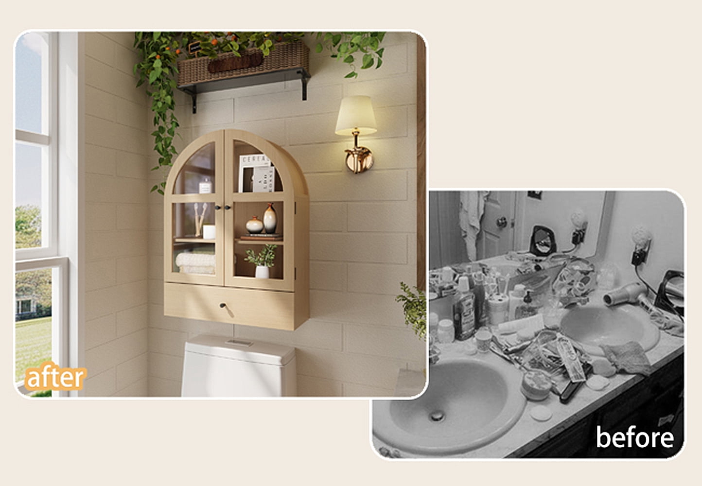Bathroom Arched Wall Cabinet Over The Toilet Storage Cabinet, Bathroom Cabinet Wall Mount with Glass Doors, Wood Cabinet for Laundry Room, Bedroom Kitchen, Natural