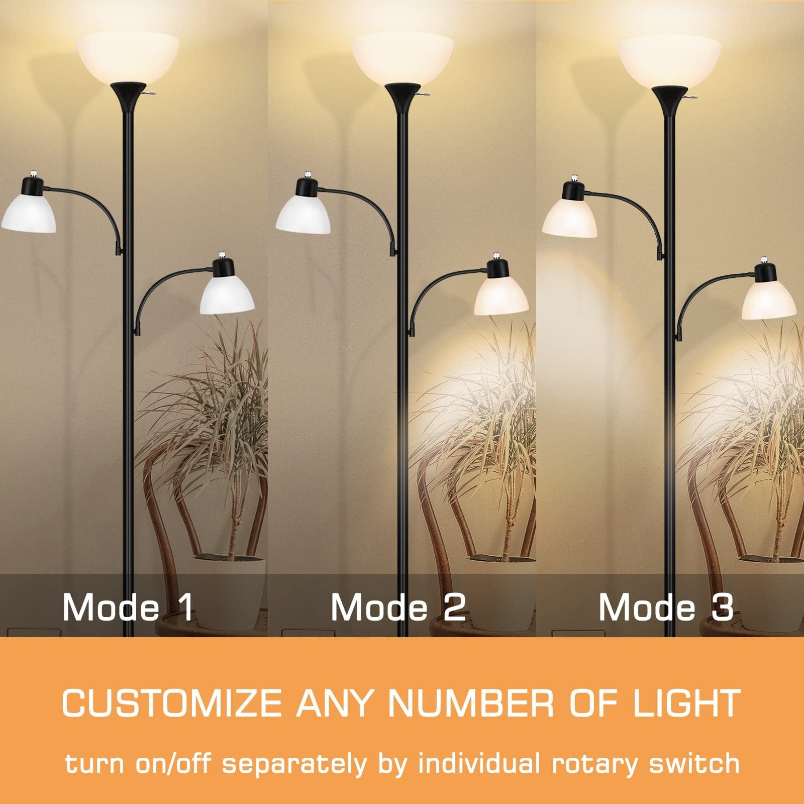 NATYSWAN Floor Lamps for Living Room,Torchiere Floor Lamp with 8W Adjustable Reading Lights, Morden Tall Lamps for Living Room, Bedroom, Office, 3 Bulbs Included