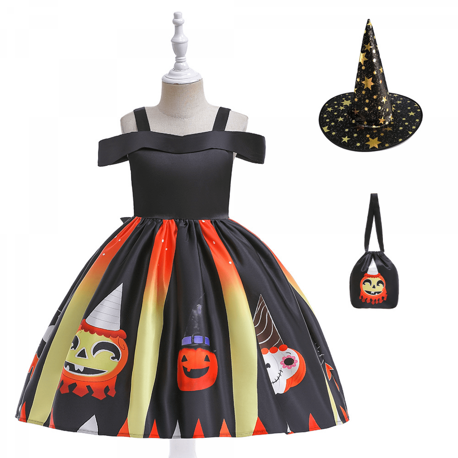 JUSTUP Kids Girls Halloween Costume Dress Witch Hat Bag Ghost Pumpkin Skull Printed Fancy Dress Up Cosplay Party Outfits Black Pumpkin 7 8T 140cm Walmart