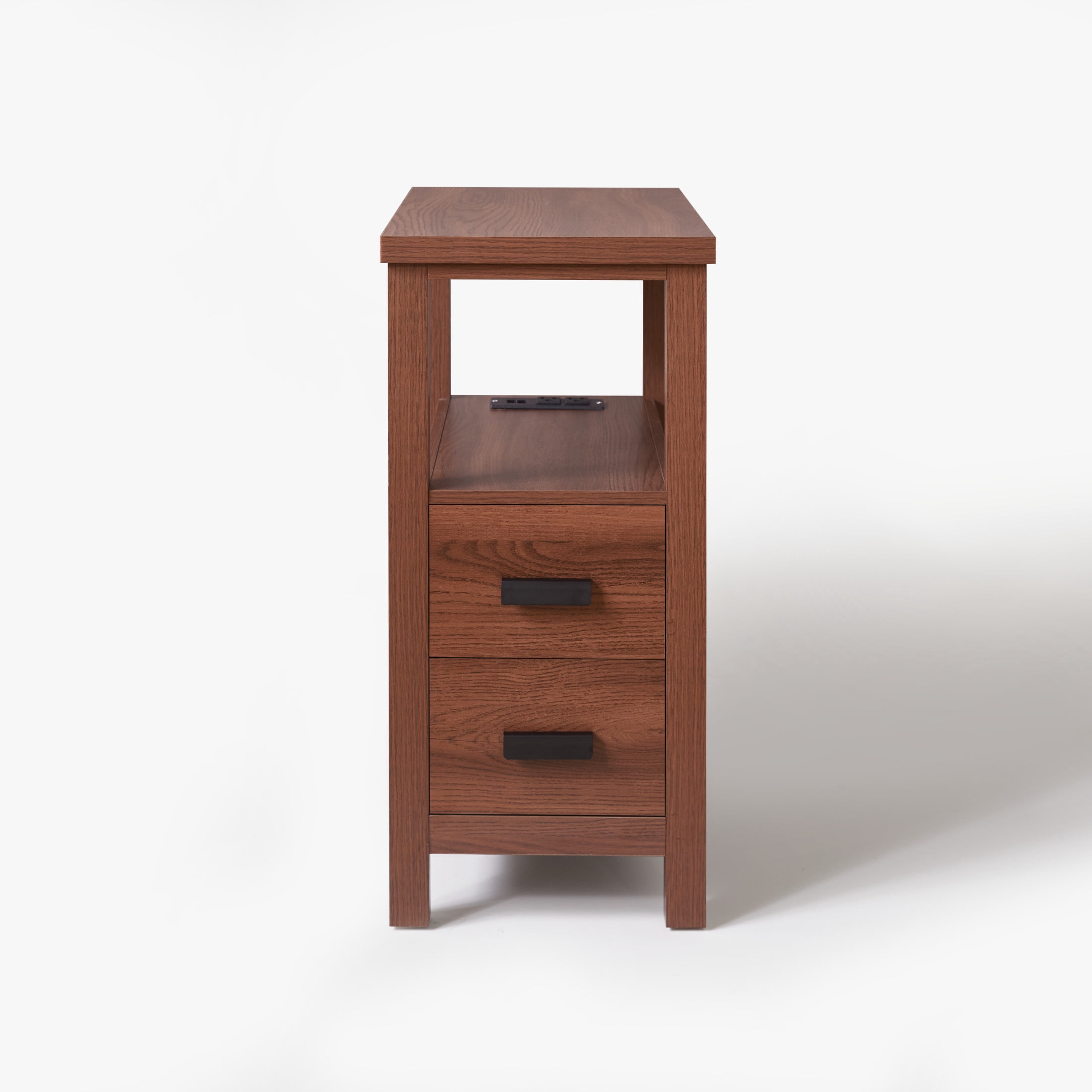 Noble House Marcus Modern End Table with Built-In Charging Station & 2 Drawers, Small Wood Bedside Table, Walnut