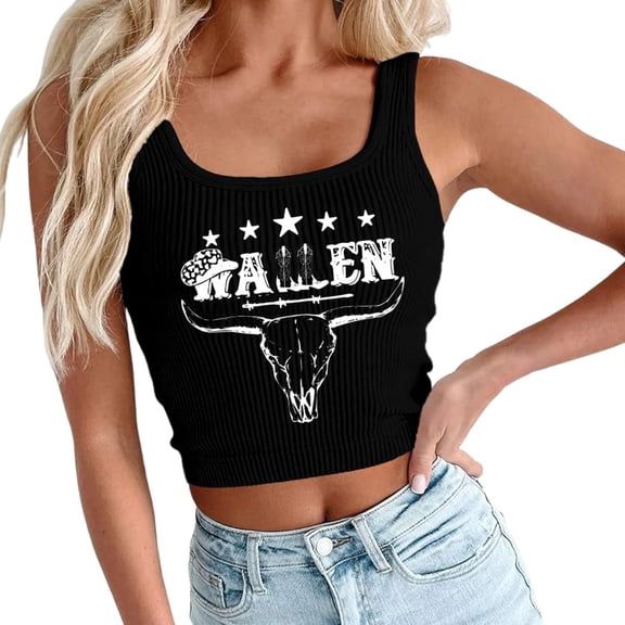 Wang6 Ribbed Cropped Tank Tops for Women Plus Size Sleeveless Crew Neck Tops Tshirts Causal Slim Anllen Printed Stretchy Workout Tops Tees Black XL