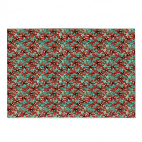 Hawaiian Cutting Board, Red Hibiscus Flowers with Green Leaves Aloha Garden Growth Summer Season, Decorative Tempered Glass Cutting and Serving Board, Small Size, Multicolor, by Ambesonne