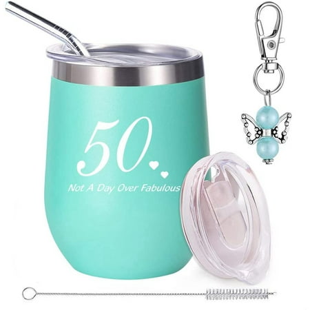 

YANSION 50th Birthday Gifts for Women Wine Tumbler with Funny Saying Not A Day Over Fabulous Stainless Steel Double Insulated Stemless Wine Glasses with Lid and Straw 12oz Mint Blue