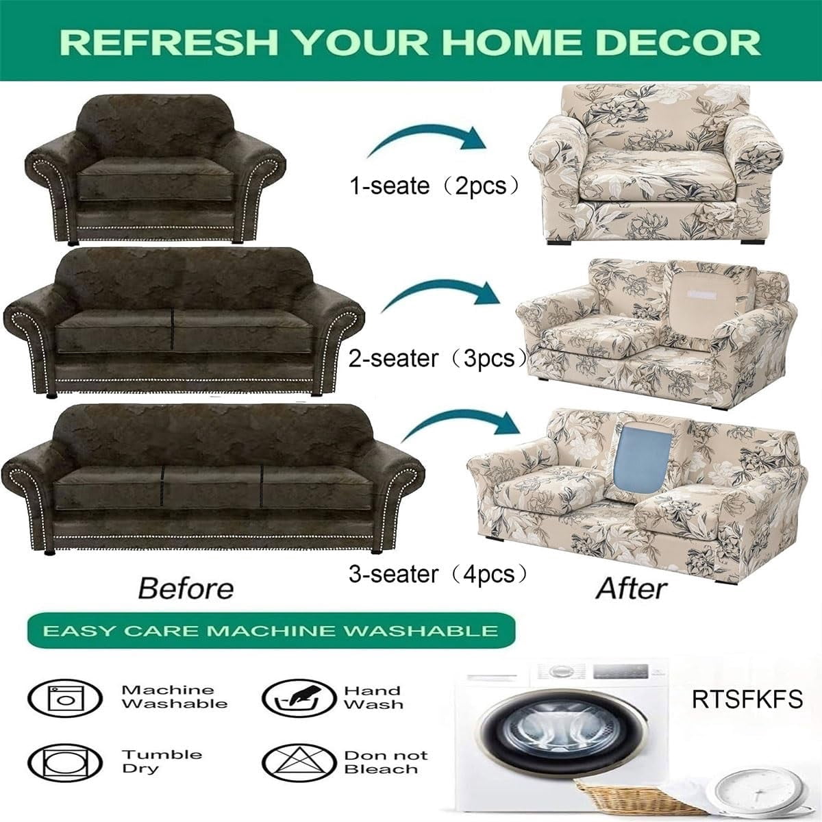 Sofa Cover 3/2/1 Seater，Spandex Printing Couch Covers Stretch Slipcovers Furniture Protector Covers,Non Slip for Living Room Pets Dogs