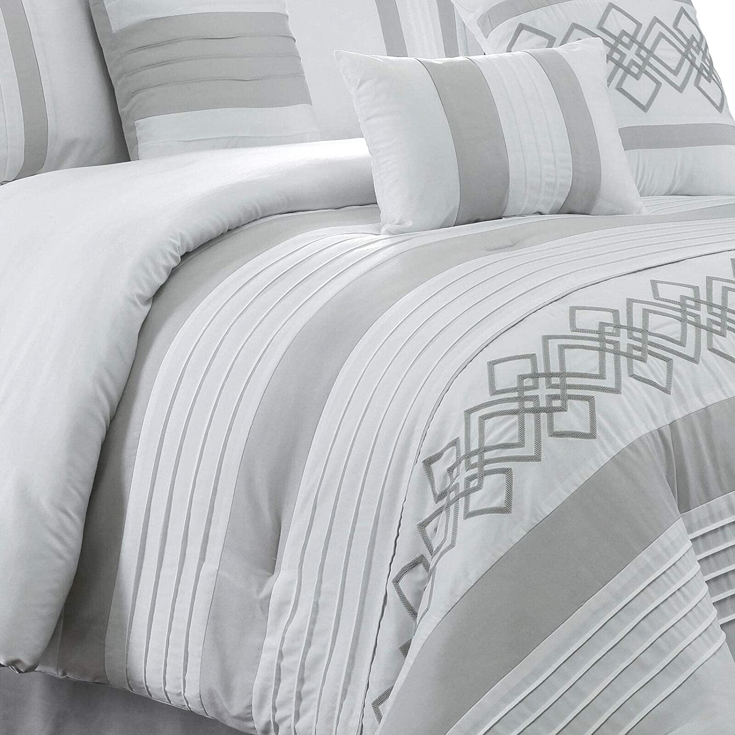 Chezmoi Collection Ariel 7-Piece Geometric Chenille Embroidery Comforter Bedding Set, California King, Gray