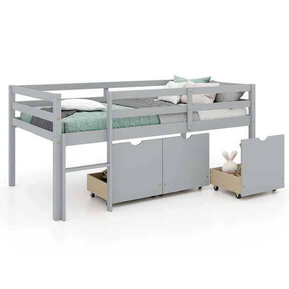 Costway Twin Size Low Loft Bed with 3 Drawers Ladder & Full-length Guardrails Storage Grey