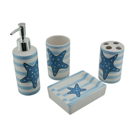 Blue And White Striped Starfish 4 Piece Ceramic Bathroom Accessory Blue And White Striped Starfish 4 Piece Ceramic Bathroom Accessory Set