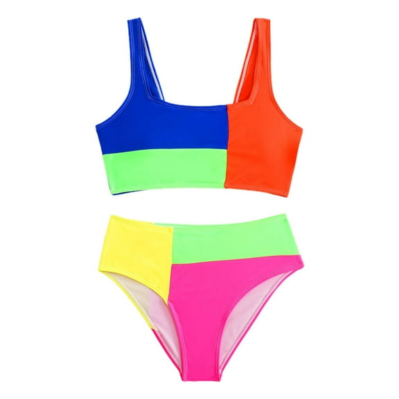 Kiijoy Girls Color Block Bikini Swimsuit Square Neck Quick Drying Swimwear Set, Sizes 12-16