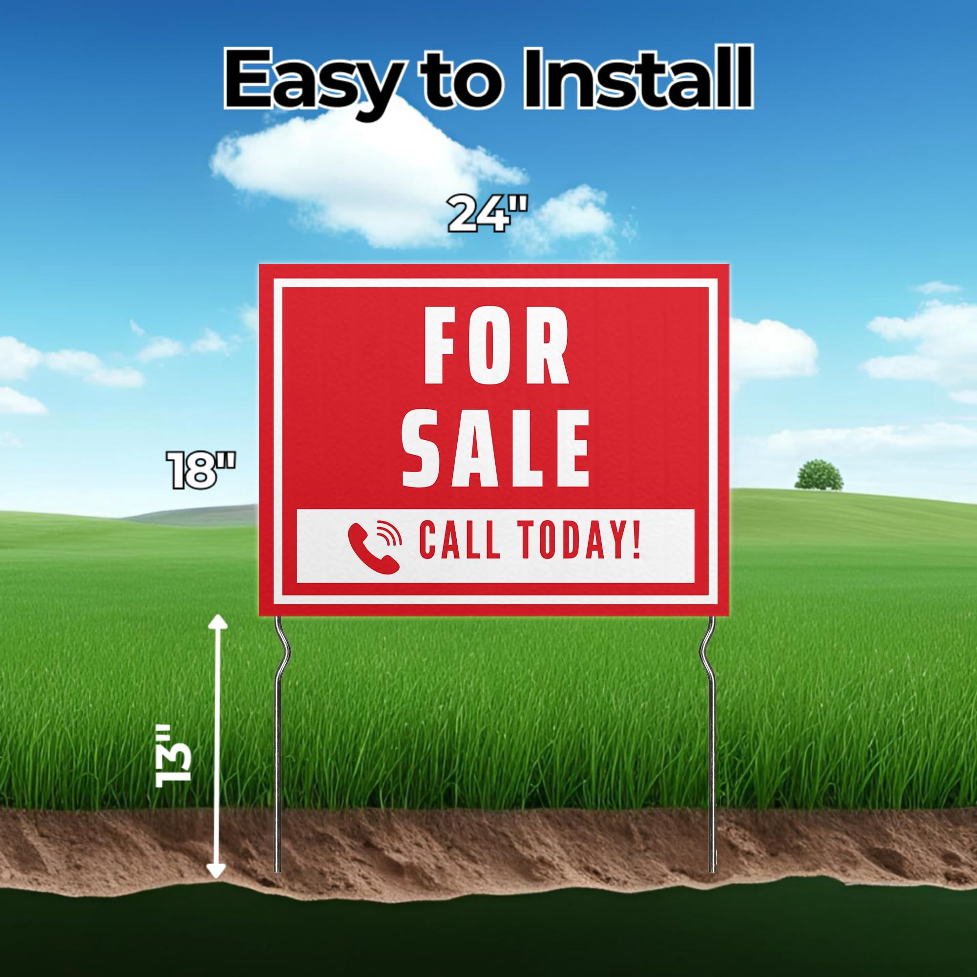 For Sele - Call Todday! Yard Sign by DC | 24"x18" Double Sided Real Estate Garden Sign with 13” Metal Stakes | Outdoor Signs Waterproof for Lawn, Patio, Sidewalk & House | Set of 2 | Made in USA