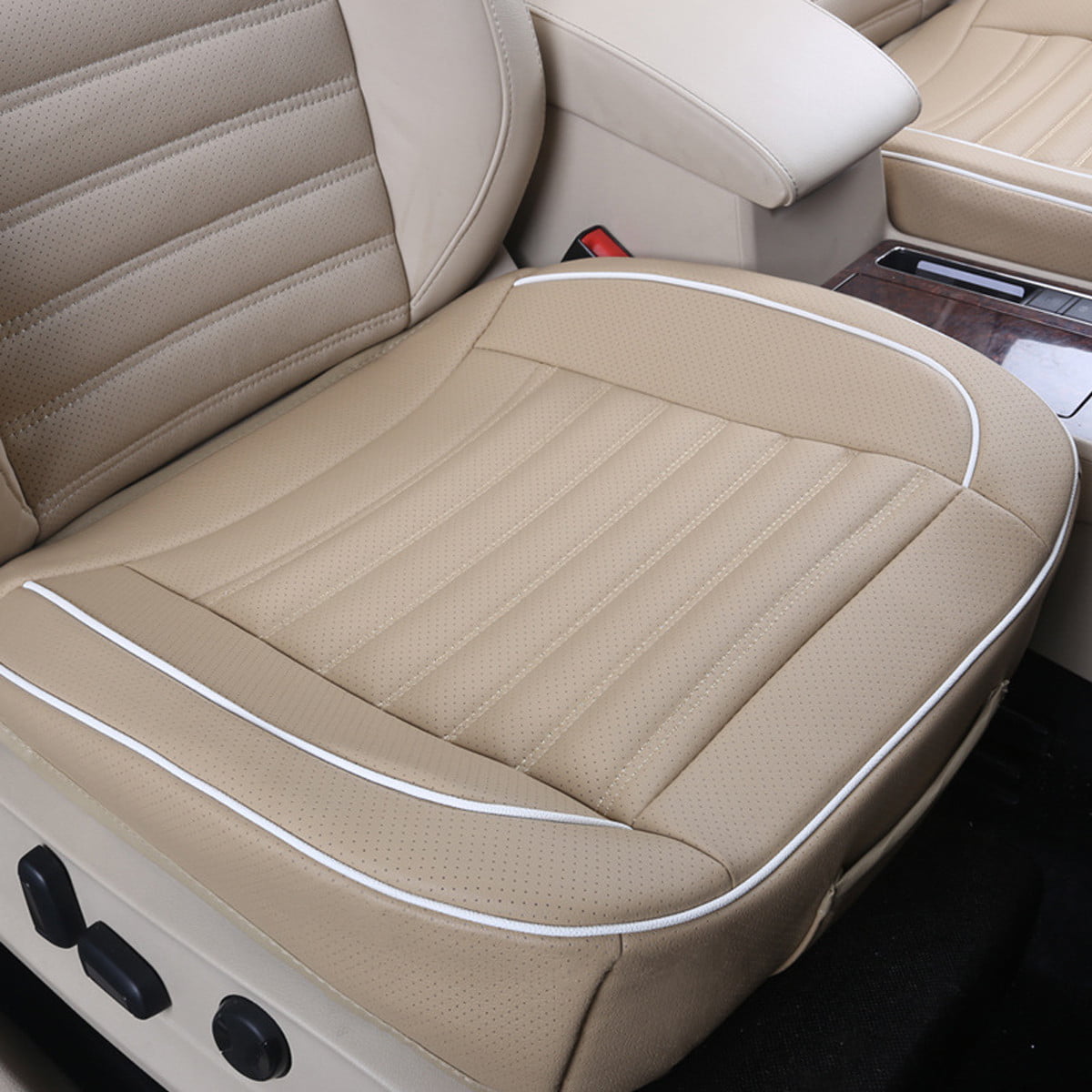 Beige Front Car Seat Cover Breathable PU Leather Deluxe Seat Cushion Protector 