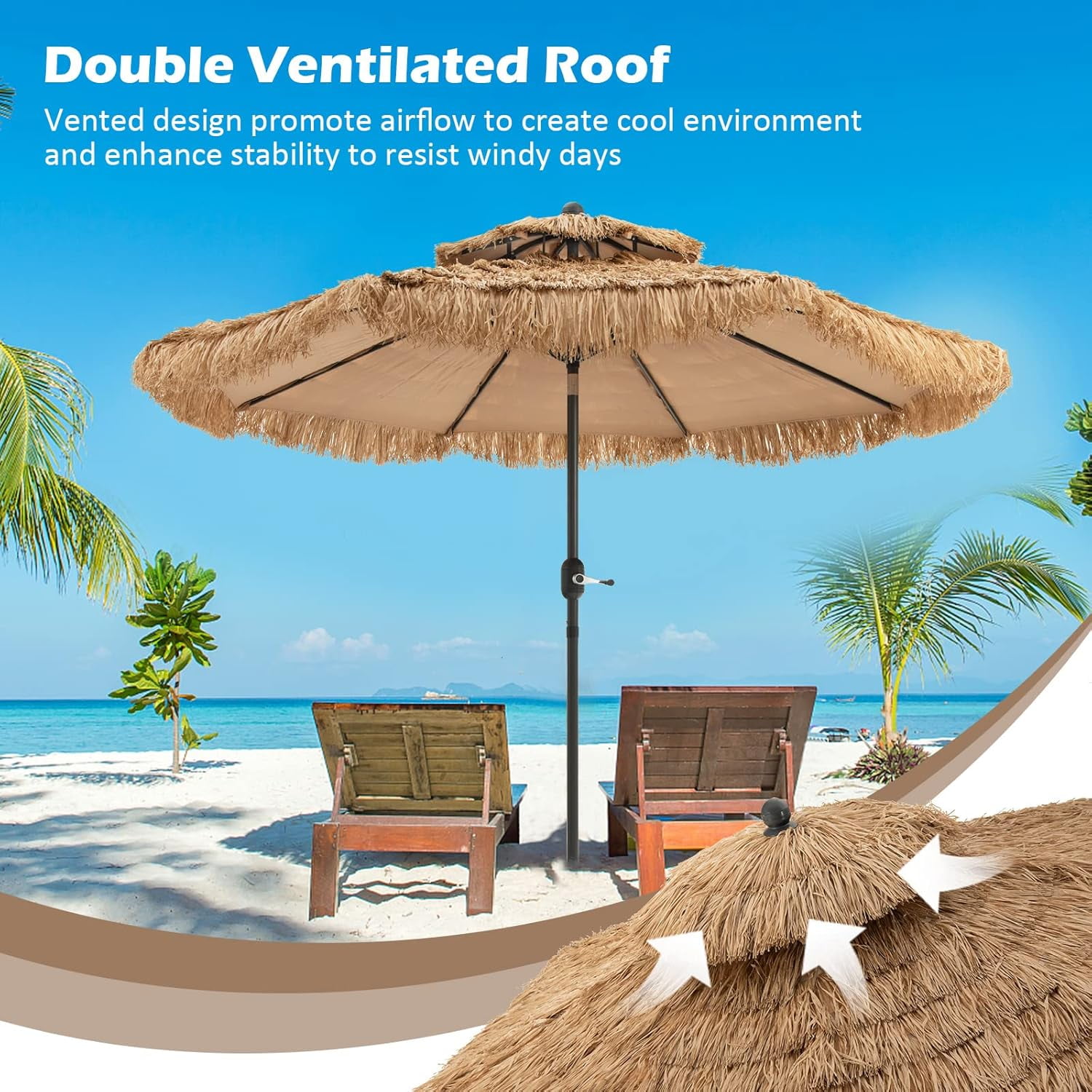 RELAX4LIFE 9FT Thatched Tiki Patio Umbrella - 2-Tier Hawaiian Hula Style Beach Umbrella w/8 Ribs, Tilt Adjustment & Crank Lift, Straw Grass Pool Umbrellas, Tropical Palapa Tiki Umbrella Outdoor Patio