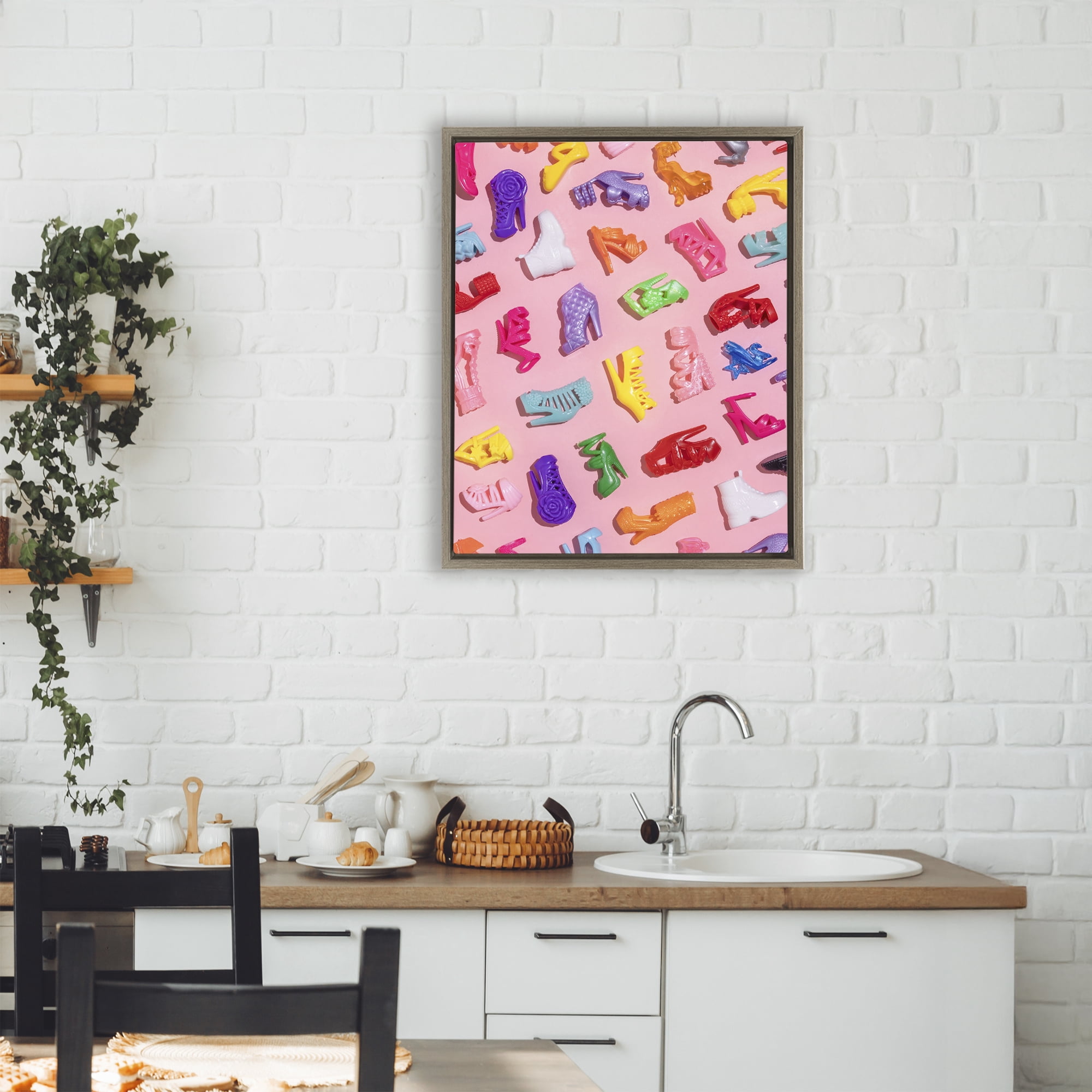 Stupell Industries Tiny Colorful Doll Shoes Brown Framed Floater Canvas Wall Art, design by LISH Creative
