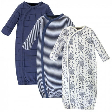 

Touched by Nature Baby Organic Cotton Side-Closure Snap Long-Sleeve Gowns 3pk Elephant Preemie