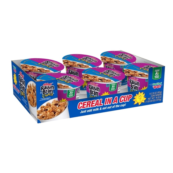 Kellogg's Raisin Bran Crunch Cereal-in-a-Cup Plump Raisins, Crunchy Flakes, Honey Touched Oat, Granola Clusters - Cup - 6 / Box