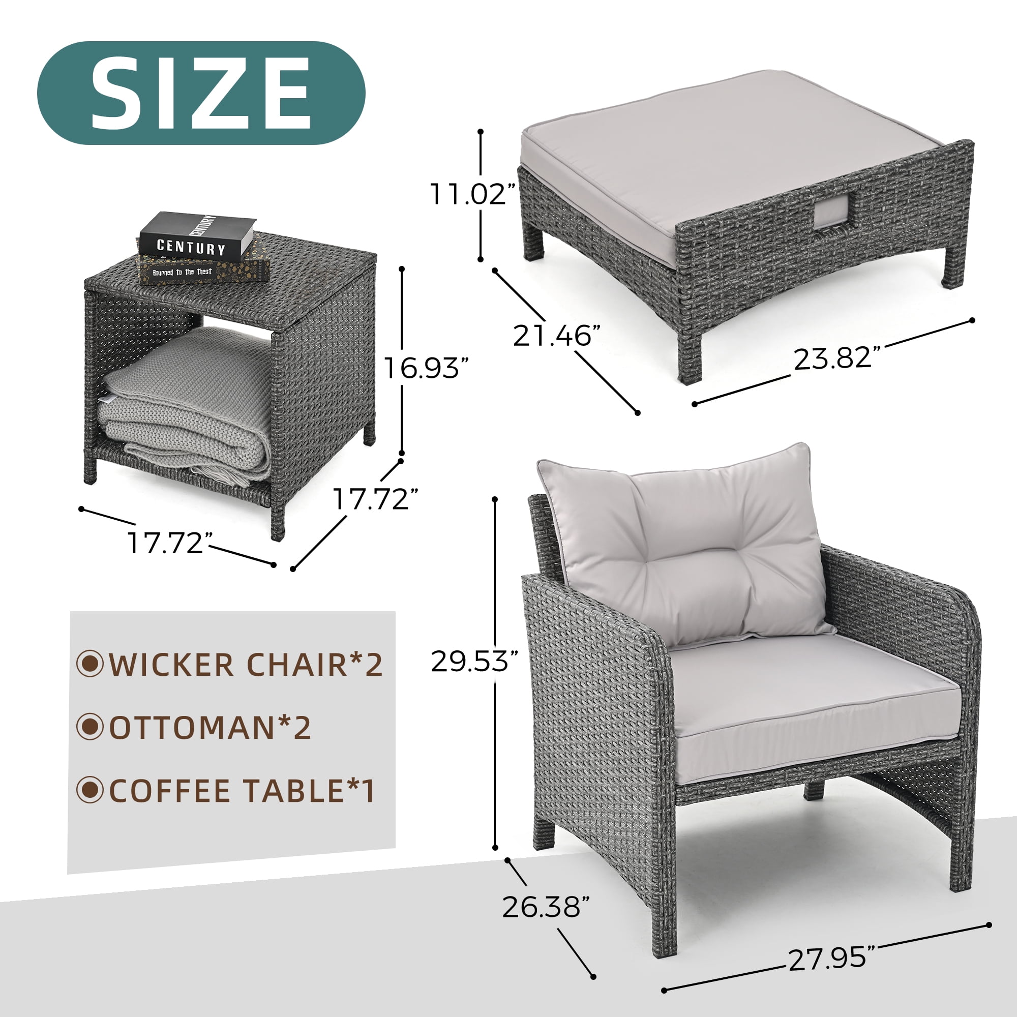 PAMAPIC 5 Pieces Wicker Patio Furniture Set Outdoor Patio Chairs with Ottomans (Gray)
