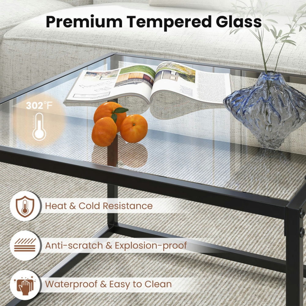 Finihen Coffee Table, Tempered Glass Coffee Table, 27.5 Inch Home Square Tea Table with Heavy-duty Metal Frame, for Living Room, Reception Room, Black Finihen Coffee Table, Tempered Glass Coffee Table, 27.5 Inch Home Square Tea Table with Heavy-duty Metal Frame, for Living Room, Reception Room, Black