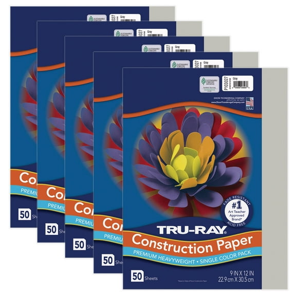 Tru-Ray Construction Paper, Heavyweight, Gray, 9" x 12", 50 Sheets Per Pack, 5 Packs