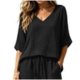 thumbnail image 4 of CYMMPU Women's Summer Linen Blend 2-Piece Outfit, V-Neck 3/4 Sleeve Top with Drawstring Pants, Casual Loungewear Set Black XL, 4 of 7