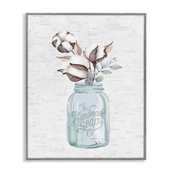 Stupell Industries Farmhouse Cotton Flower in Soap Jar Gray Framed Giclee Art, 11 x 14, by Lettered and Lined