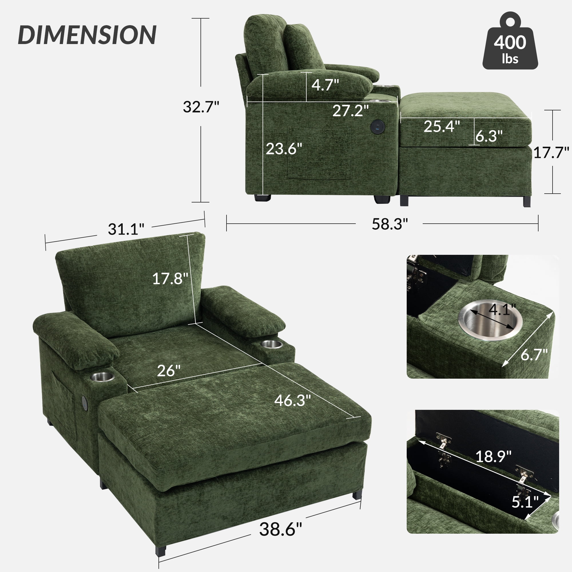 Aukfa 39" Oversized Chaise with 2 Cupholders&USB Ports, Chenille Cloud Couch Chair Bed, Green