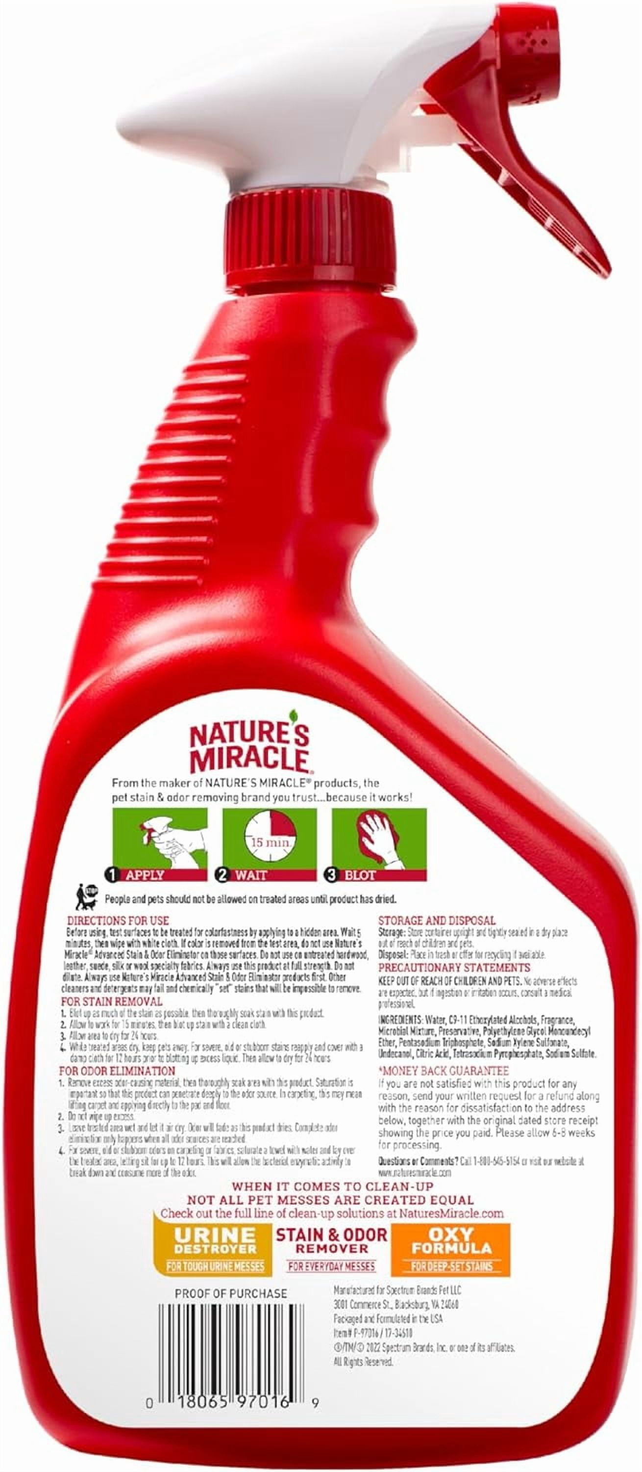 Nature’s Miracle Advanced Stain and Odor Eliminator Dog Spray, Fresh Scent, Severe Mess Enzymatic Formula For Tough Pet Messes, 32 Ounces