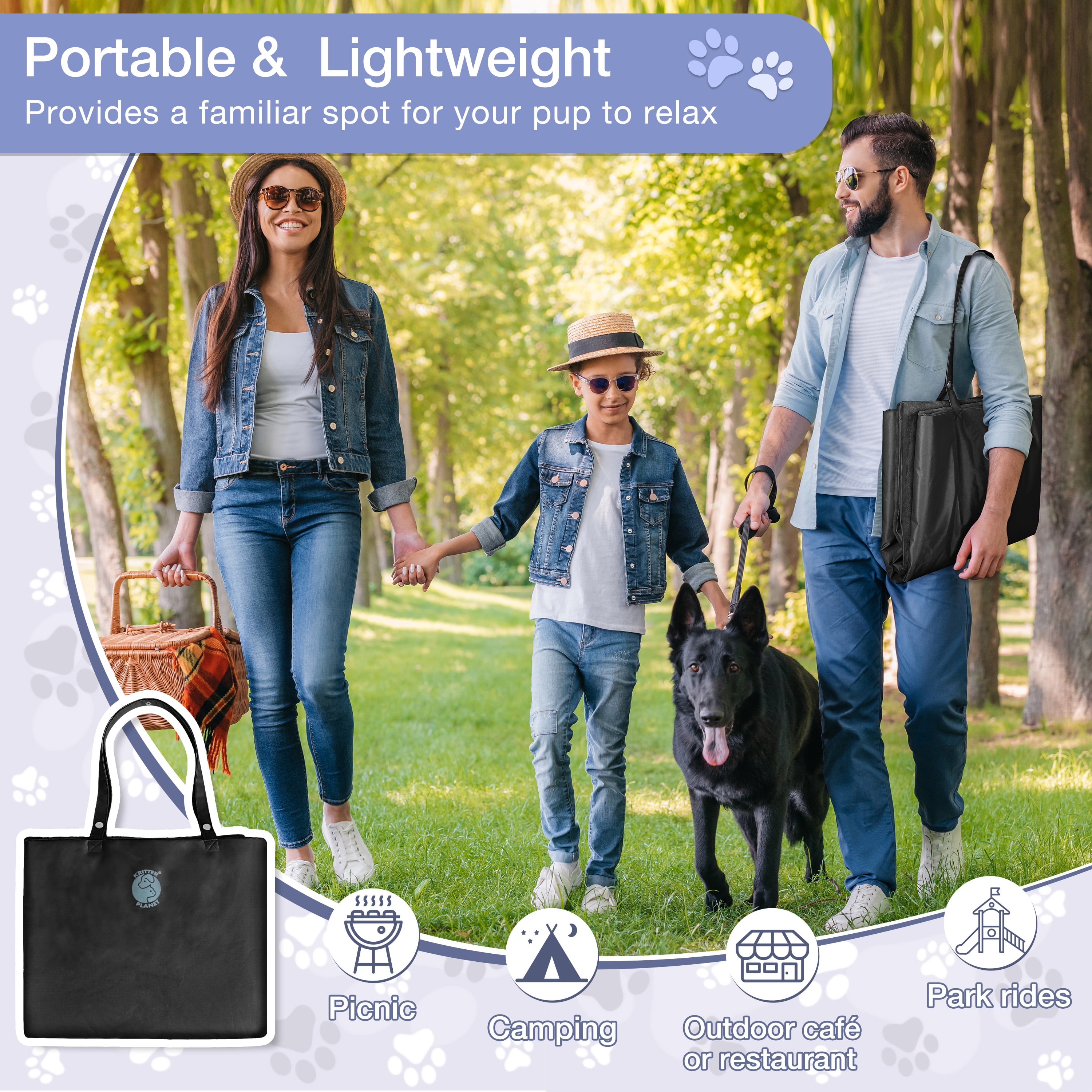Kritter Planet Reversible Waterproof Foldable Dog Bed Pad for Camping & Travel, Portable Roll-Up Dog Bed Car Seat Pet Cushion Mat with Handles for Small & Medium Dogs, Indoor & Outdoor Use