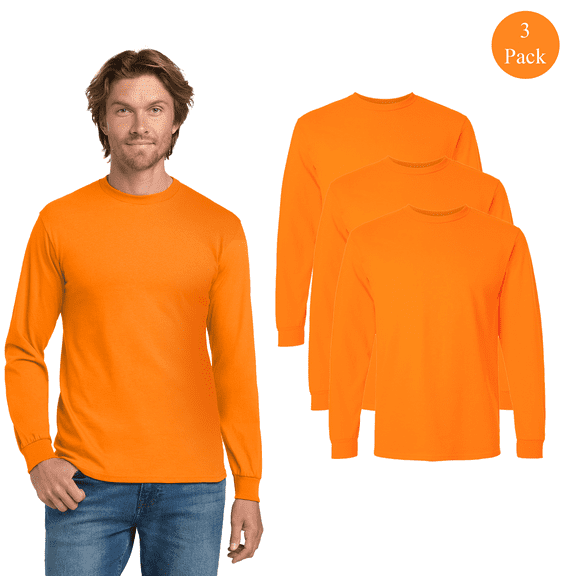 Gildan High Visibility Ultra Cotton Long Sleeve T-Shirt for Adult, Safety Orange Work Tee, 3 Pack, XL
