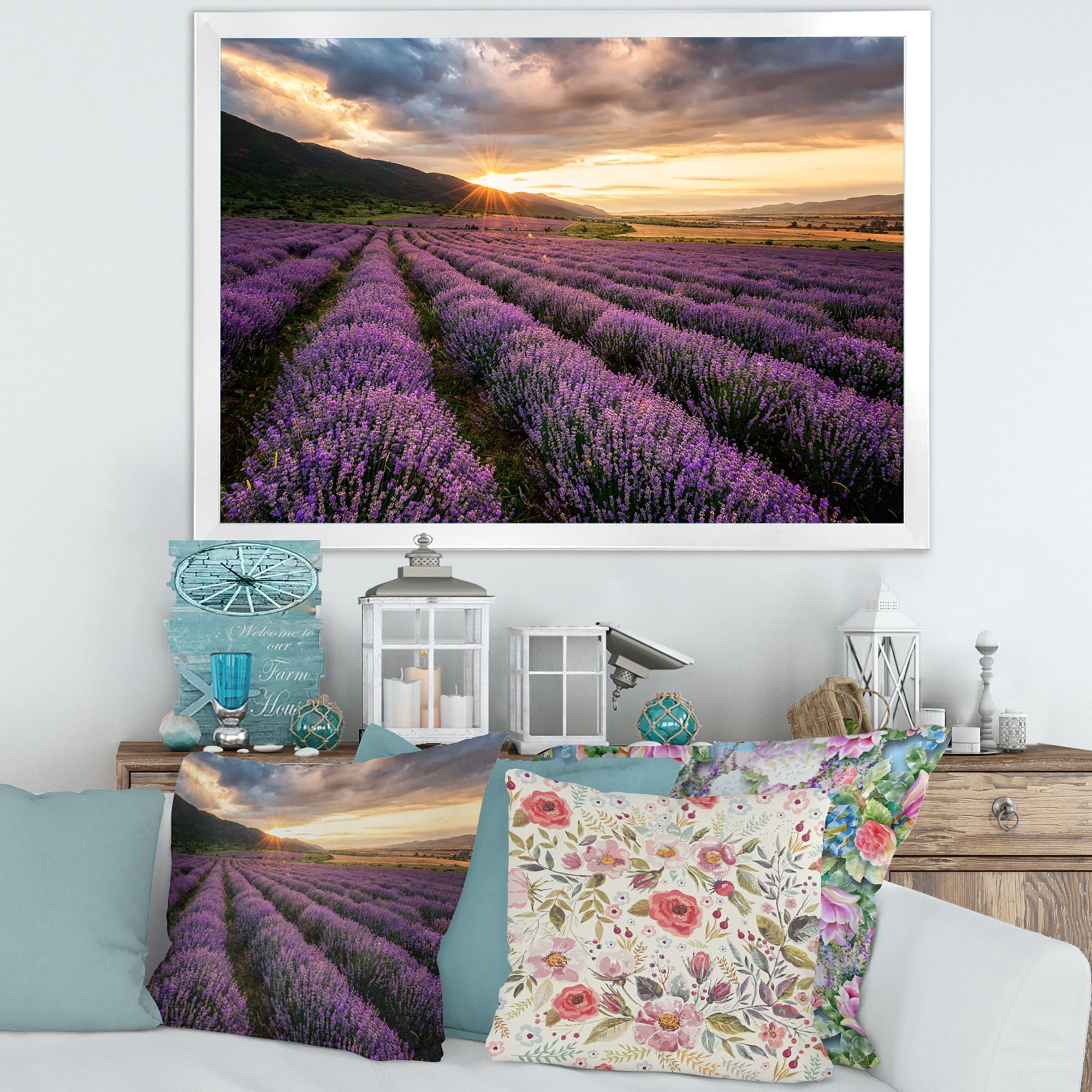 Designart 'Dramatic Clouds and Sunrise Over Lavender Field VI' Farmhouse Framed Art Print