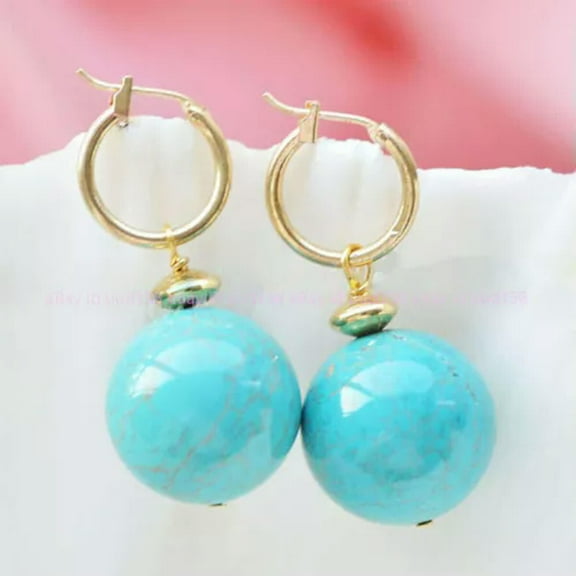 K-KED Natural Blue Turquoise Round Gemstone Beads Dangle Gold Leverback Earrings-8mm