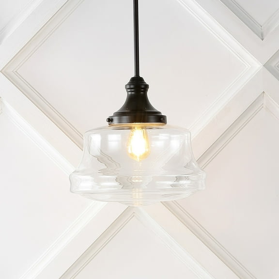 JONATHAN Y Schoolhouse 14" 1-Light Bohemian Farmhouse Iron/Glass LED Pendant, Oil Rubbed Bronze/Clear