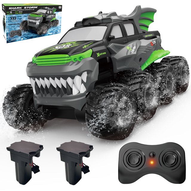 Amphibious Remote Control Car 8WD RC Monster Truck with 2 Rechargeable Batteries for Boys Age 8-12 Offroad Waterproof RC Pickup 2.4GHz All Terrain RC Drift Cars Beach Pool Toys Gifts for Kids Green